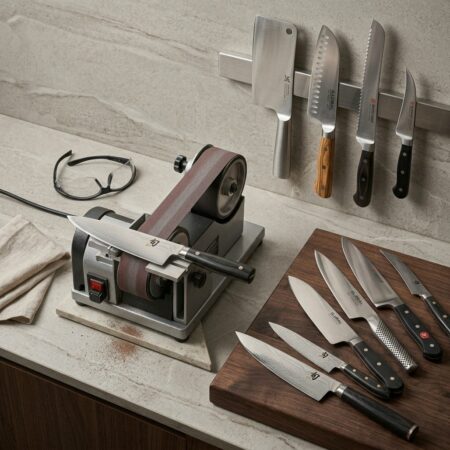 Knife sharpening on a belt sharpener with Global, Wüsthof and Kai Shun knives