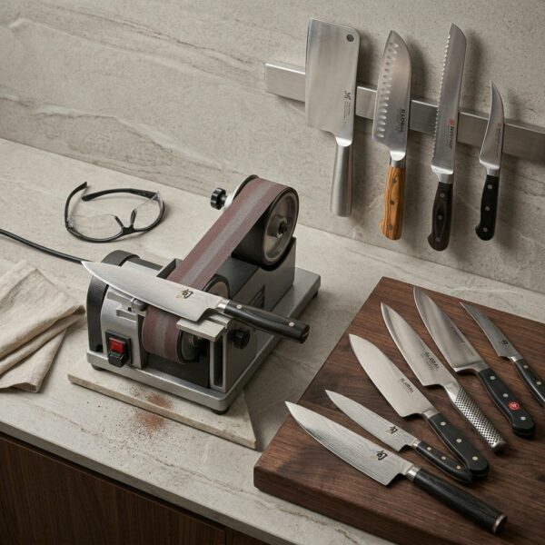 Knife sharpening on a belt sharpener with Global, Wüsthof and Kai Shun knives